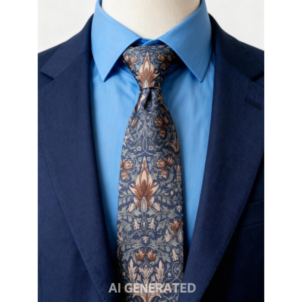 Museum of Fine Arts Boston Silk Floral Tie Blue Brown Elegant Art Pattern 100%